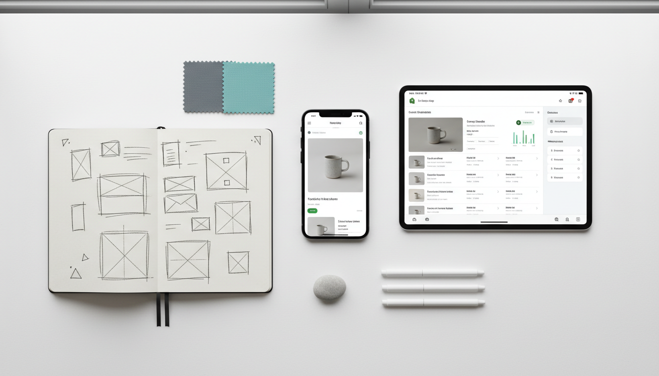 Özel e-ticaret yazılımı wireframe ve cihazlar