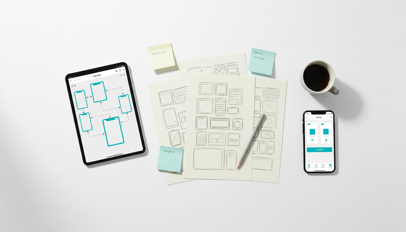 Wireframe defteri ve tablet üzerinde mobil tasarım