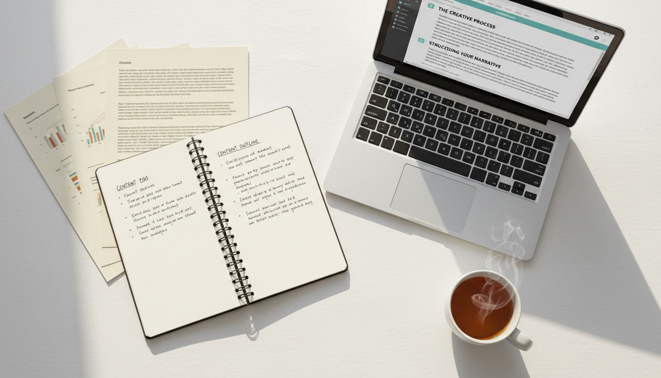 İçerik üretim masası — defter ve laptop