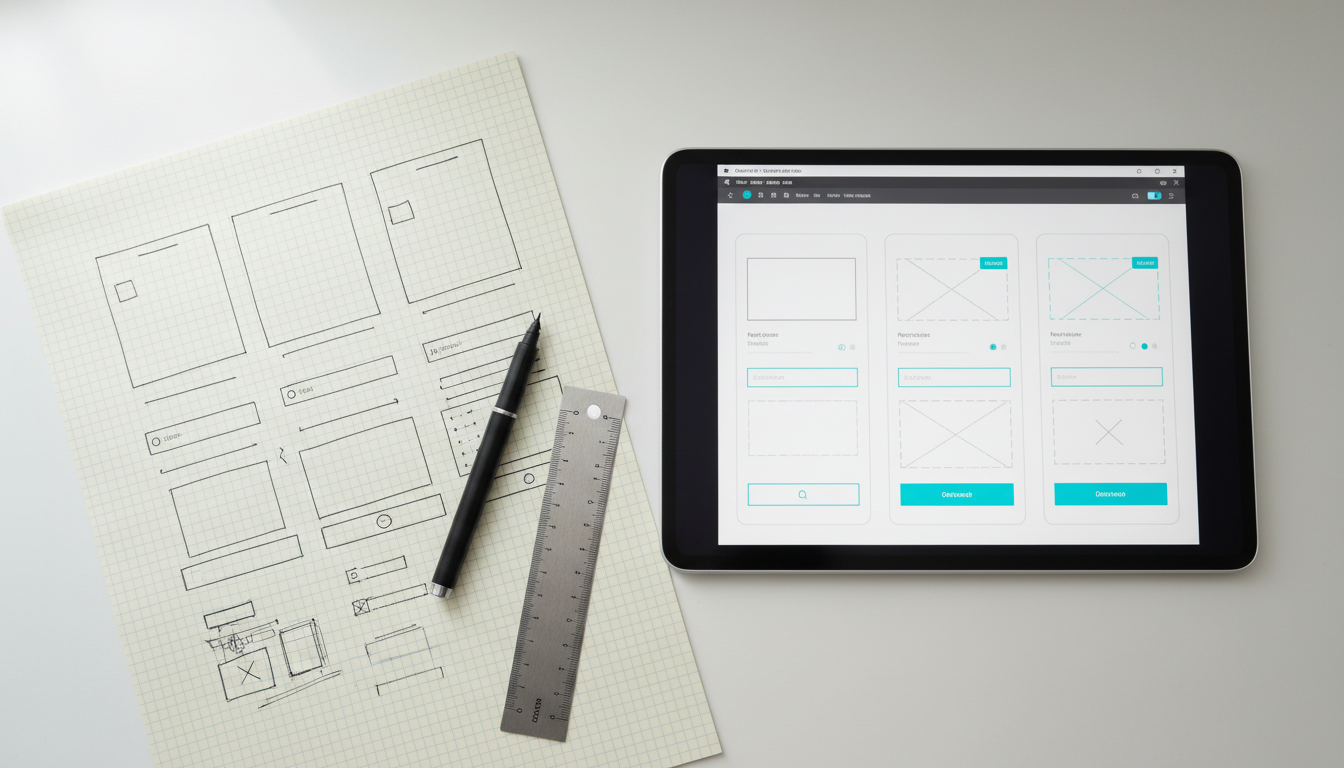 Wireframe sketch ve tablet üzerinde tasarım